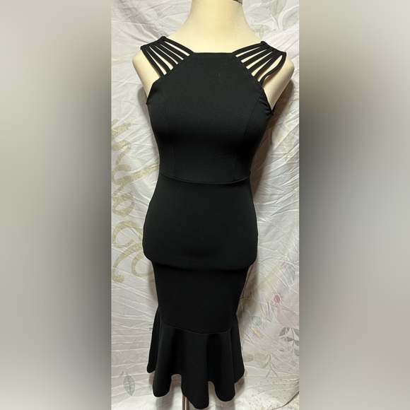 Bodycon Dress Straps Sleeveless Slim Midi Mermaid Cocktail Ruffle Hem Dress - Picture 1 of 7
